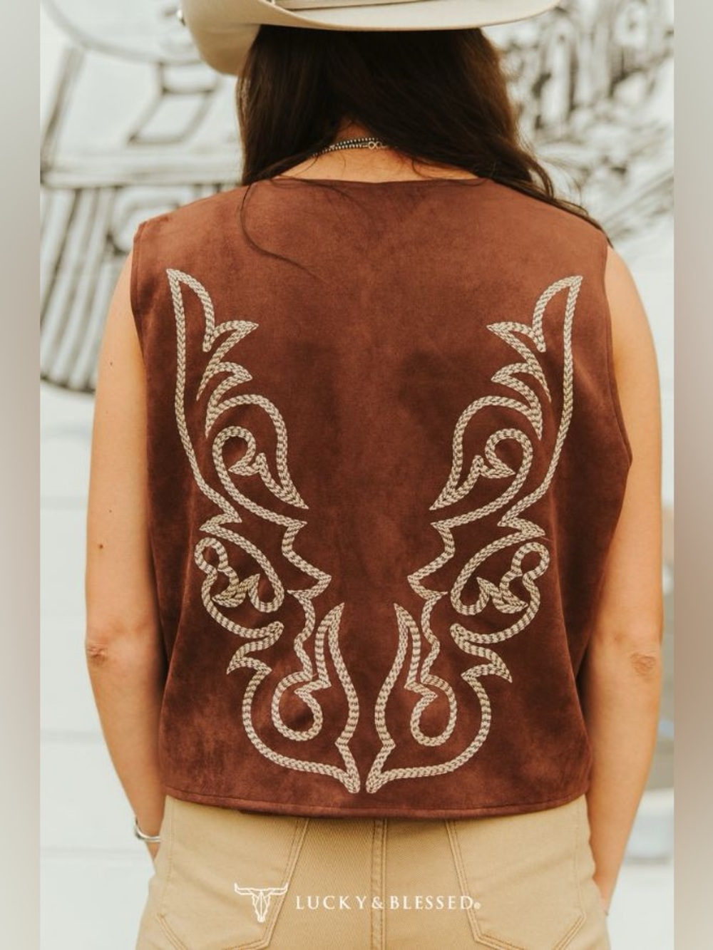 Lucky & Blessed Brown Suede Boot Stitched Vest